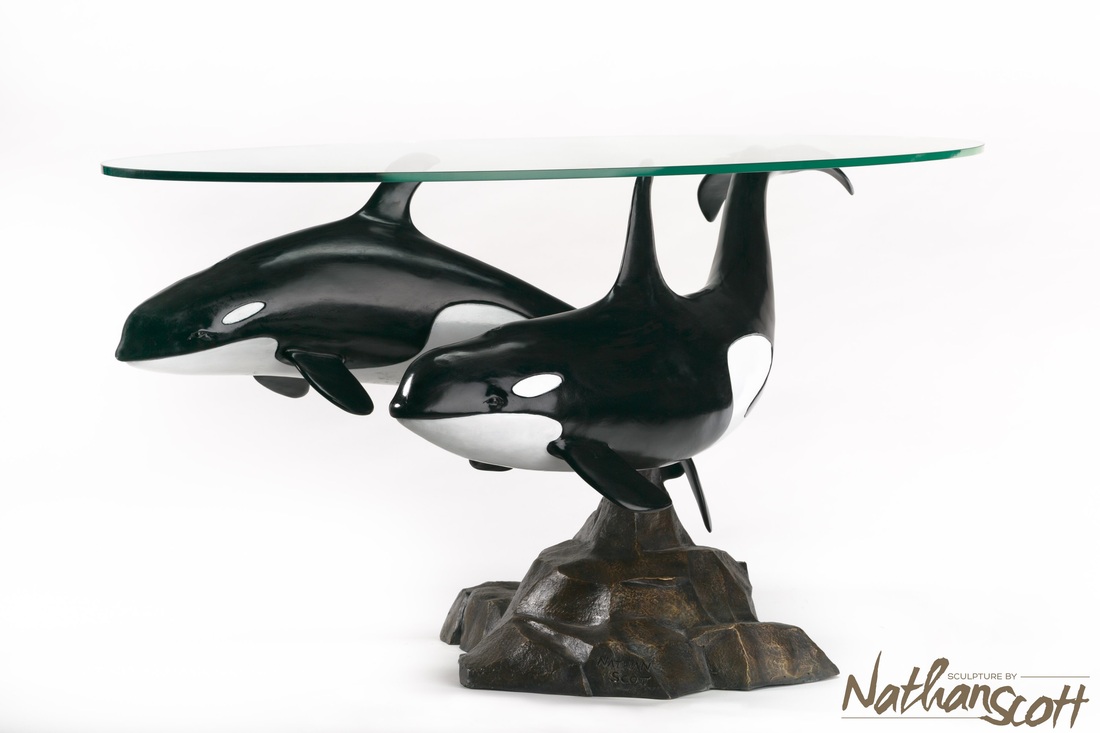 interior design orcas table swimming bronze sculpture art