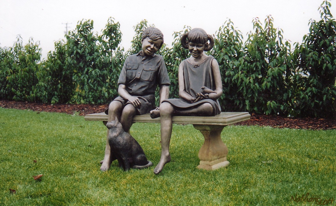 garden decor idea landscape art piece bench kids sculpture bronze design nathan scott